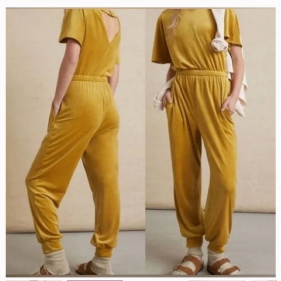 Anthropologie Saturday Sunday Linda Yellow Velvet Jogger Jumpsuit - Picture 2 of 6